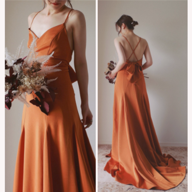 【送料込】 テラコッタ色 カラードレス 挙式ドレス 前撮り キャミソール 背中見せ ロングドレス