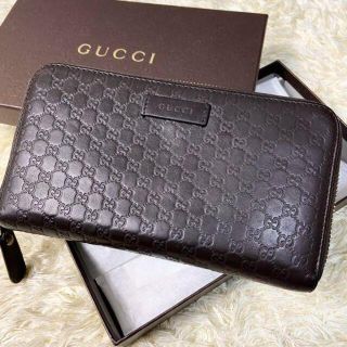 グッチ(Gucci)の極美品 GUCCI レザー 長財布 GG柄 シマ 型押し ラウンドジップ 濃茶色(長財布)