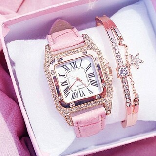 レディース アナログ 腕時計 ブレスレット アクセサリー セット 時計 ピンク(腕時計)