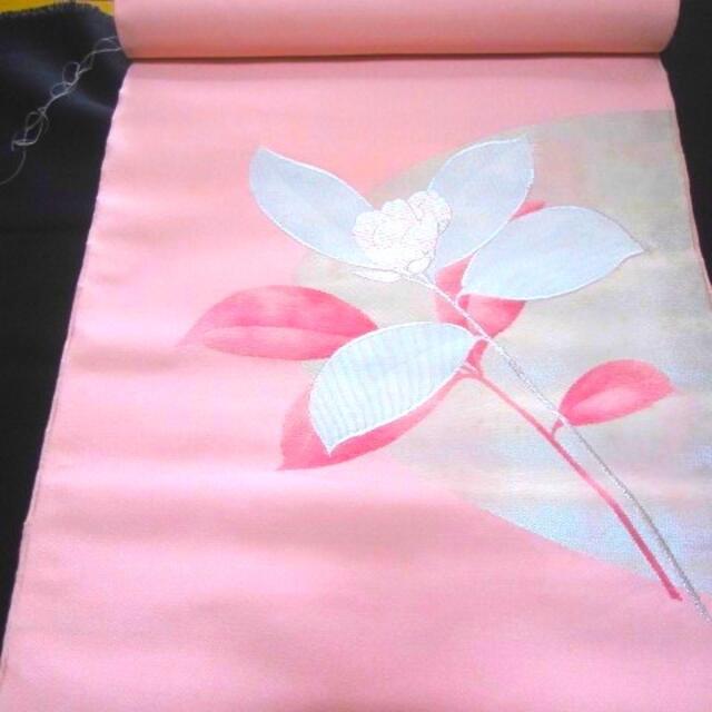 西陣織正絹名古屋帯反物♪ローズピンクにお花の刺繍♪定価49800円りくりく55＿帯