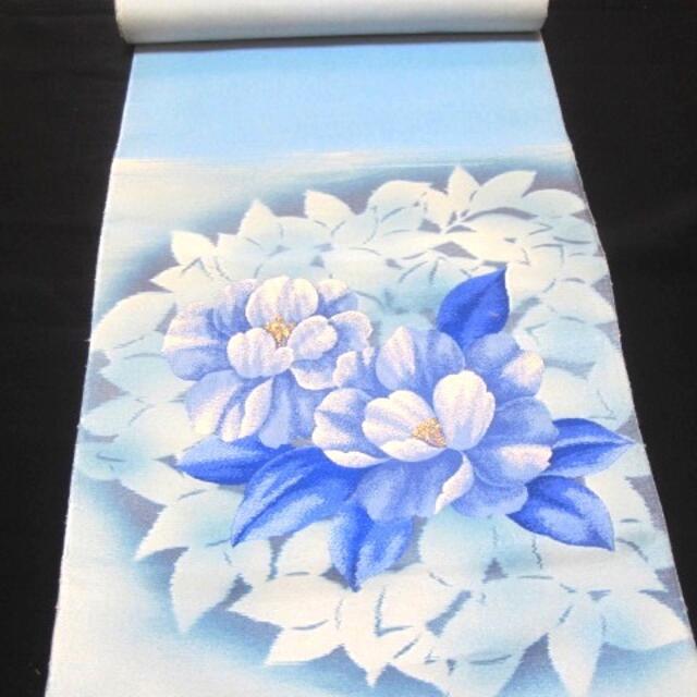 西陣織正絹名古屋帯反物♪ペールブルーに牡丹のようなお花の刺繍♪定価59800円 帯