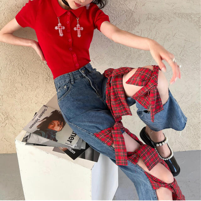 チェックリボンデニムパンツ