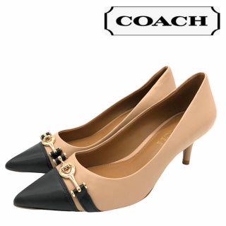 コーチ(COACH)のCOACH コーチ ポインテッドトゥ レザー 黒 ベージュ パンプス 22cm(ハイヒール/パンプス)