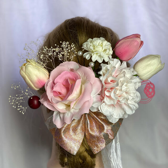 和装　洋装　髪飾り　w22 結婚式　成人式　チューリップ　薔薇ブーケ　ピンク