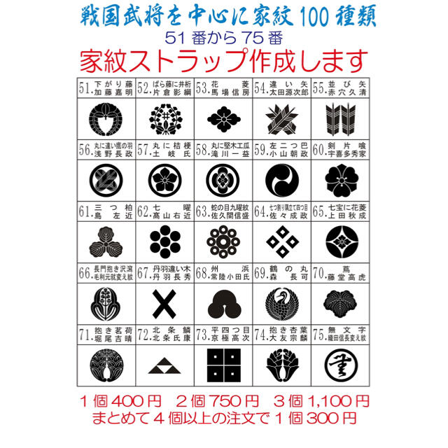 戦国武将家紋ストラップ75選 51番から75番 リクエスト大歓迎‼︎の通販