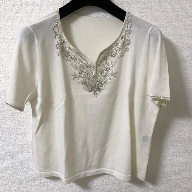 leilian 白薄手胸元ビーズ刺繍サマーニット レリアン13号 コットン100%の通販 by ms レリアン レディースサマーニット