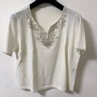 レリアン(leilian)の白薄手胸元ビーズ刺繍サマーニット　レリアン13号　コットン100%(ニット/セーター)