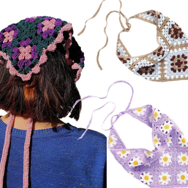 💜 クロシェニット お花 三角巾 💜purple ハンドメイドのファッション小物(帽子)の商品写真