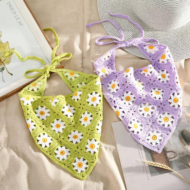 💜 クロシェニット お花 三角巾 💜purple ハンドメイドのファッション小物(帽子)の商品写真