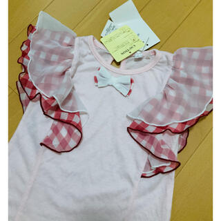 ニシマツヤ(西松屋)の新品タグ付　ギンガムチェック　チュール袖　トップス　ピンク　95(Tシャツ/カットソー)