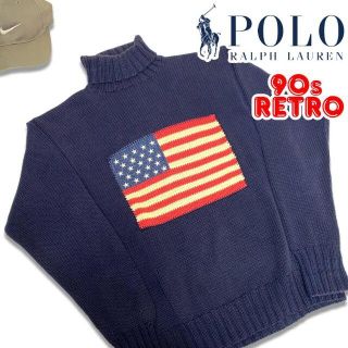 ポロラルフローレン(POLO RALPH LAUREN)の90s ポロ ラルフローレン ハイネック フラッグセーター L ネイビー(ニット/セーター)