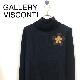 ギャラリービスコンティ(GALLERY VISCONTI)のB504 ギャラリービスコンティ ハイネック花柄刺繍膝丈ワンピース ブラック黒系(ひざ丈ワンピース)