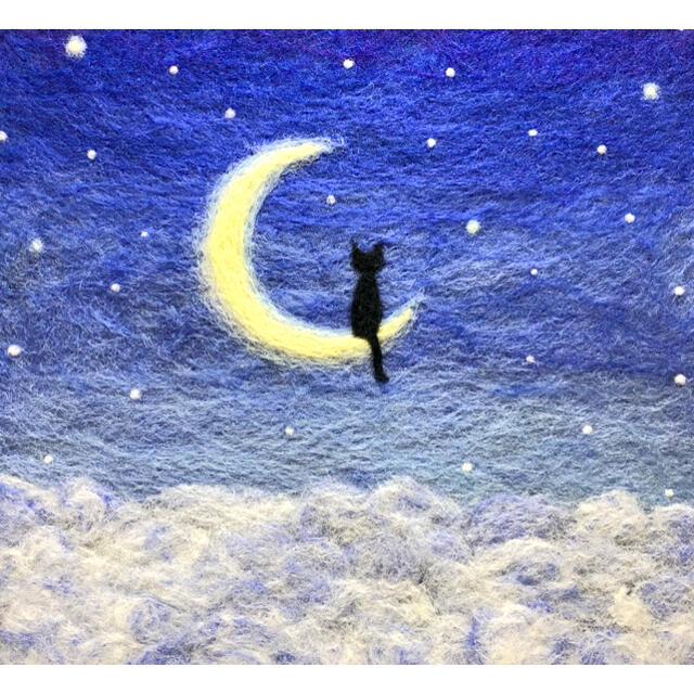 羊毛フェルト  刺繍 絵   夜空 月と猫 ハンドメイドのインテリア/家具(アート/写真)の商品写真