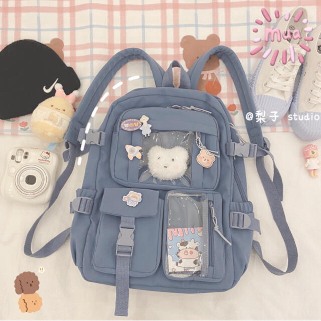 大容量!! 韓国 リュック ブルー 学生 通学 レディース キャンパス 水色 青 レディースのバッグ(リュック/バックパック)の商品写真