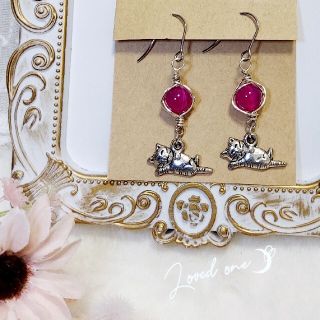 天然石 ピアス　ピンクアゲート+猫　(7)(ピアス)