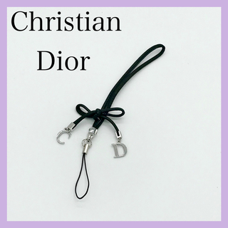 クリスチャンディオール(Christian Dior)の【美品】Christian Dior レザー リボン ストラップ スマホ 携帯(ストラップ/イヤホンジャック)