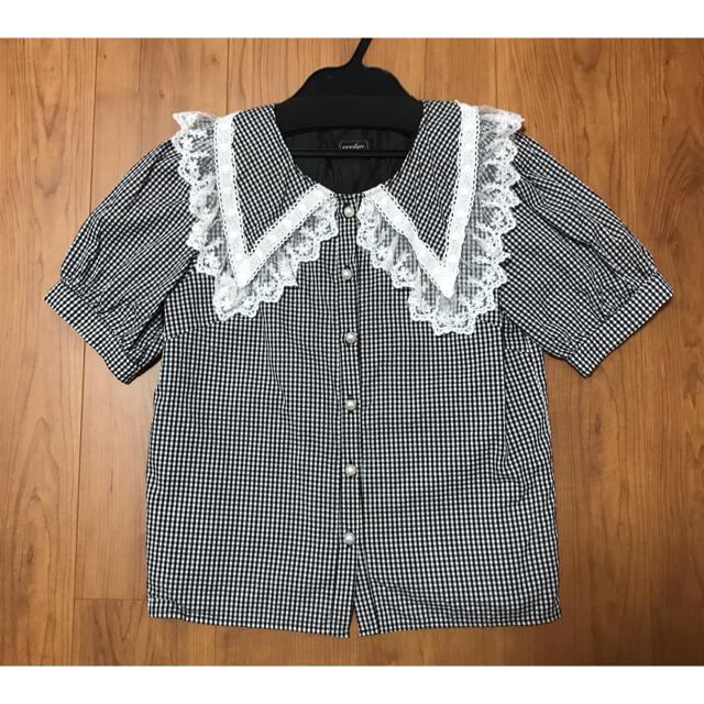 新品★evelyn★エブリン★ギンガムチェック★レース襟ブラウス★ブラック