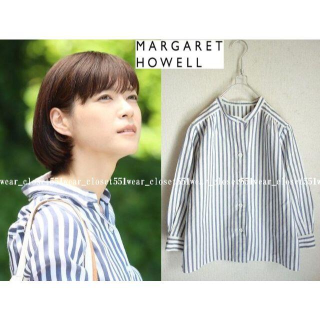 2016マーガレットハウエル☆コットンリネンボールドストライプカラーレスシャツ1のサムネイル