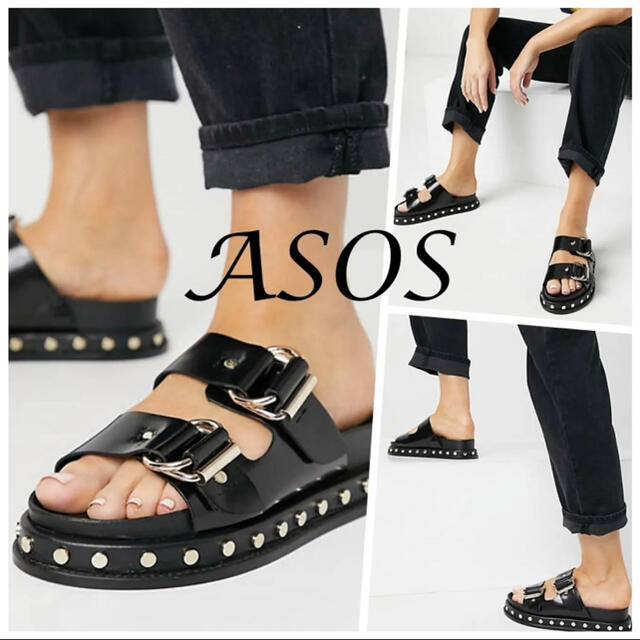 asos(エイソス)のASOS 本革エナメルチャンキーサンダル　ブラック レディースの靴/シューズ(サンダル)の商品写真