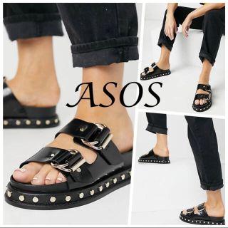 エイソス(asos)のASOS 本革エナメルチャンキーサンダル　ブラック(サンダル)