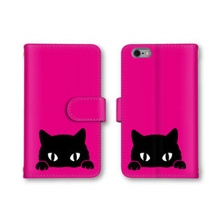 マゼンタ ピンク 黒ネコ 猫 スマホケース 手帳型 スマホカバー ほぼ全機種対応(Androidケース)