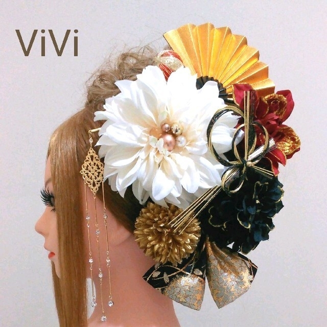 髪飾りViVi～白黒赤金・簪&扇子付き和飾り～成人式 結婚式 花魁 かんざし