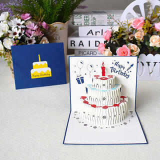 【新品】お誕生日カード　立体ケーキ　ポップアップ　カード　封筒付き　ネイビー(日用品/生活雑貨)