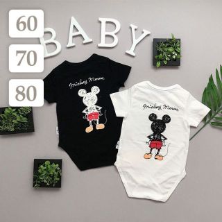 ミッキー半袖ロンパース〔60/70/80〕ディズニー 親子Tシャツ お揃い ペア(ロンパース)