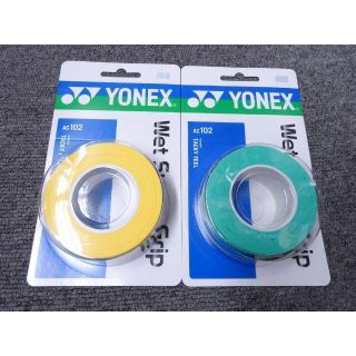 ヨネックス(YONEX)の①ヨネックス　ウェットスーパーグリップ 3本入【AC102】イエロー＆グリーン(バドミントン)