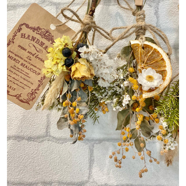 ドライフラワー スワッグ ガーランド❁370 黄色ミモザ 薔薇オレンジ 花束 ハンドメイドのフラワー/ガーデン(ドライフラワー)の商品写真
