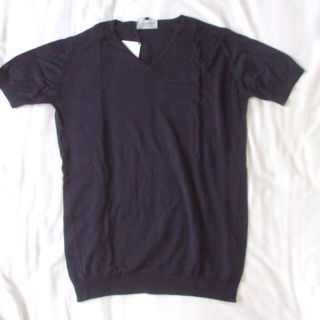 ジョンスメドレー(JOHN SMEDLEY)の【新品】ジョンスメドレー JOHN SMEDLEY Vネック半袖ニットS 紺(Tシャツ/カットソー(半袖/袖なし))