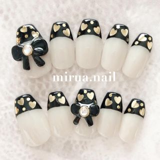 オープニングセール♡黒フレンチネイル ネイルチップ リボンネイル