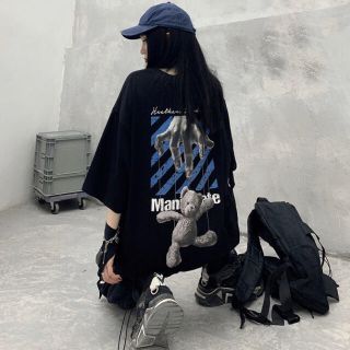 韓国 Tシャツ  L オーバーサイズ くま 病みかわ 地雷 バックプリント L(Tシャツ(半袖/袖なし))