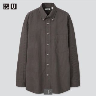 ユニクロ(UNIQLO)のオックスフォードワイドフィットストライプシャツ ダークグレー M(シャツ)