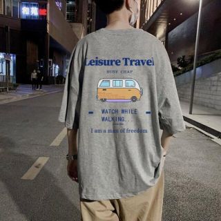 韓国　Travel Tシャツ　メンズ　オーバーサイズ　ビッグシャツ　半袖 グレー(Tシャツ/カットソー(半袖/袖なし))