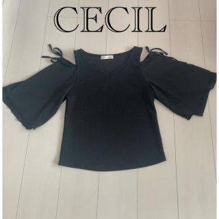 セシルマクビー(CECIL McBEE)の美品CECILセシル五分丈肩出し鎖骨見せブラック春トップスシフォンレース(カットソー(長袖/七分))