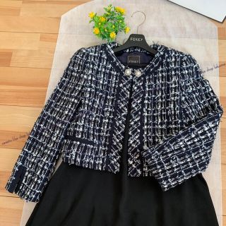 フォクシー(FOXEY)の❤︎定価13万❤︎40,42の方に ノーブルな紺 ニット ツイードジャケット美品(ノーカラージャケット)