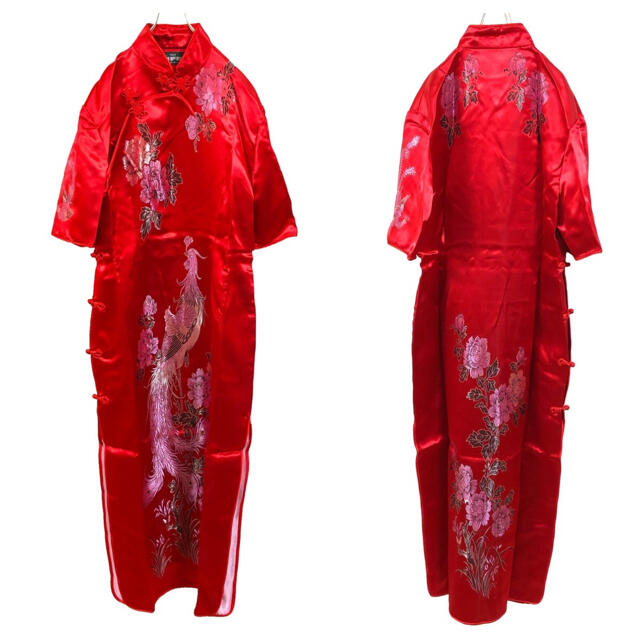 【古着】ヴィンテージ ミニバッグ付 刺繍 チャイナ服 レッド 光沢 レディースのフォーマル/ドレス(ロングドレス)の商品写真