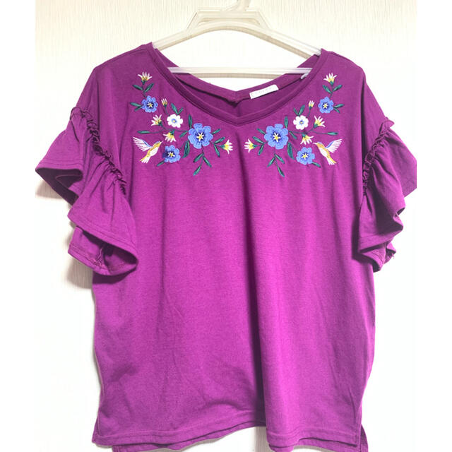 【コルザ】ダークパープルオリエンタル袖フリル半袖カットソー♪~L~COLZA レディースのトップス(Tシャツ(半袖/袖なし))の商品写真