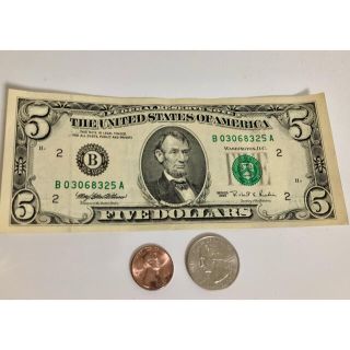 米ドル　5ドル　25セント　1セント(貨幣)