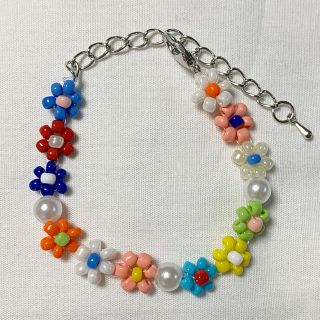 ハンドメイド　カラフルパールフラワービーズブレスレット💖おまけリング付き(ネックレス)