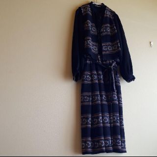 サンタモニカ(Santa Monica)の古着屋 vintage スタンドカラー ジレ付き 花柄 ドッキングワンピース(ロングワンピース/マキシワンピース)