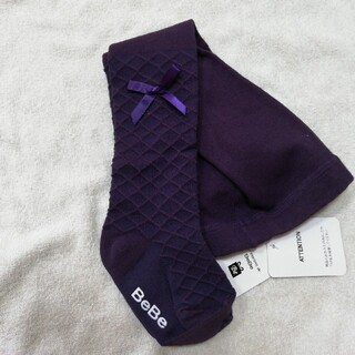 ベベ(BeBe)の新品　BeBe 紫色リボン付きタイツ　ssサイズ80cm-90cm(靴下/タイツ)