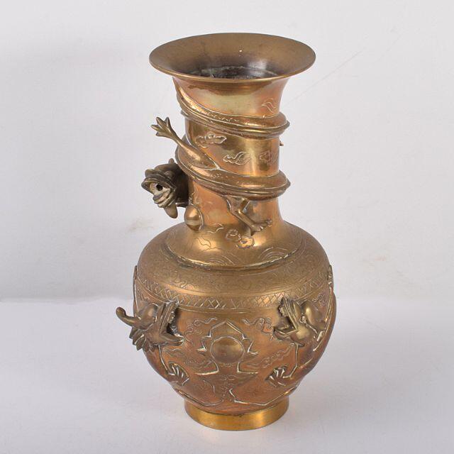 堅実な究極の 中国　古銅鍍金　龍刻　花瓶　在銘　M R3817  金属工芸