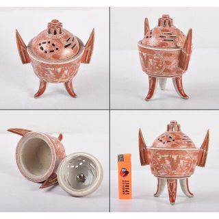九谷焼 源吾郎作 赤絵金彩 人物花文 耳付足高香炉 共箱 V R3825の通販