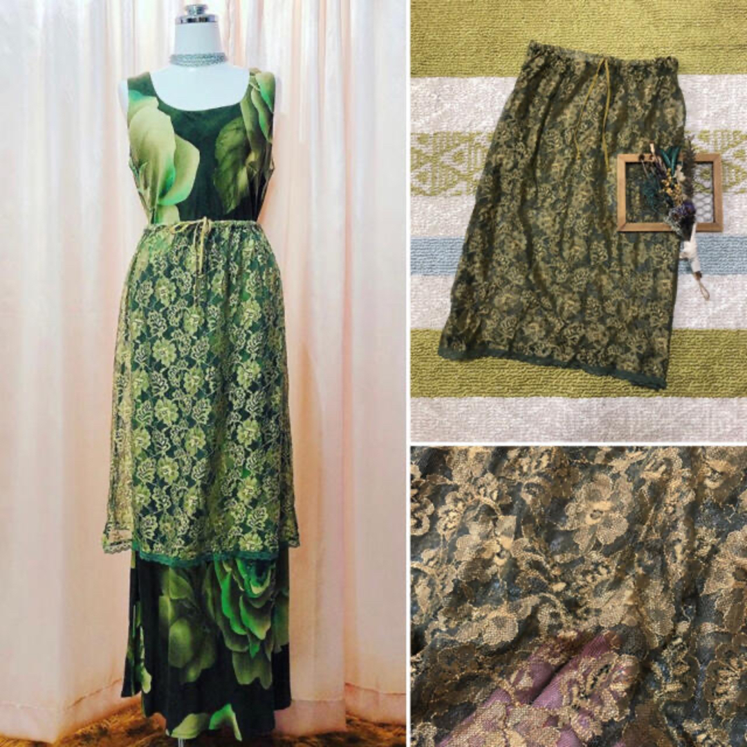 Grimoire(グリモワール)のvintage green gold lace skirt レディースのスカート(ひざ丈スカート)の商品写真