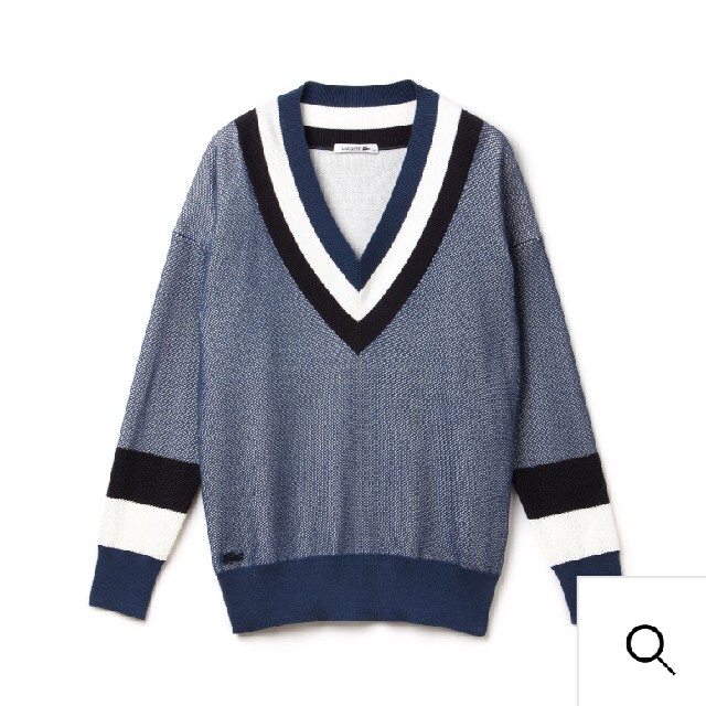 美品 LACOSTE ラインカラーVネックニット ブルー チルデンニット