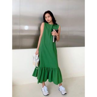 ザラ(ZARA)のbirthdaybash ペプラムリネンドレス GREEN(ロングワンピース/マキシワンピース)