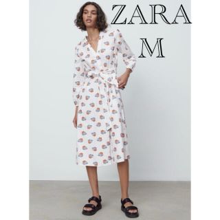 ザラ(ZARA)のZARA ザラポプリン地プリント柄ミディ丈ワンピース　プリント柄ロングワンピース(ロングワンピース/マキシワンピース)