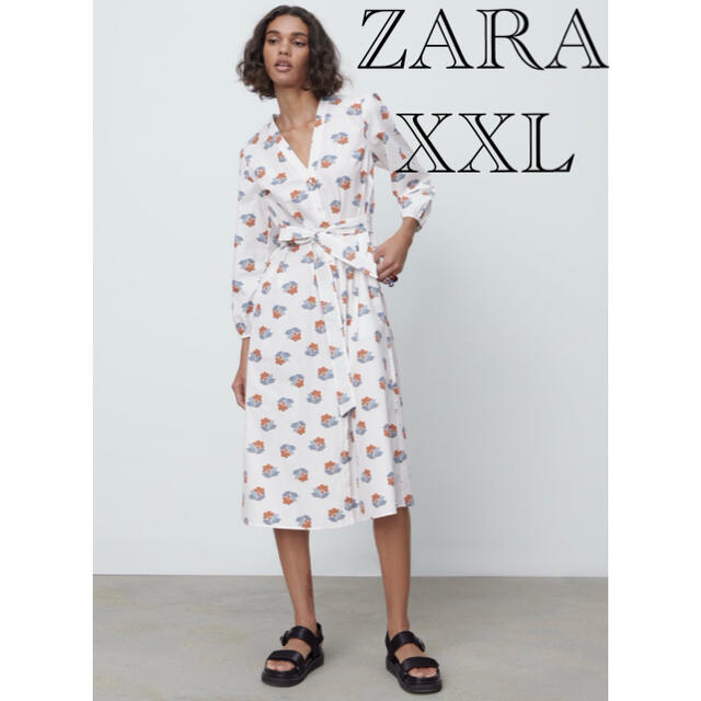 ZARA(ザラ)のZARA ザラポプリン地プリント柄ミディ丈ワンピース　プリント柄ロングワンピース レディースのワンピース(ロングワンピース/マキシワンピース)の商品写真